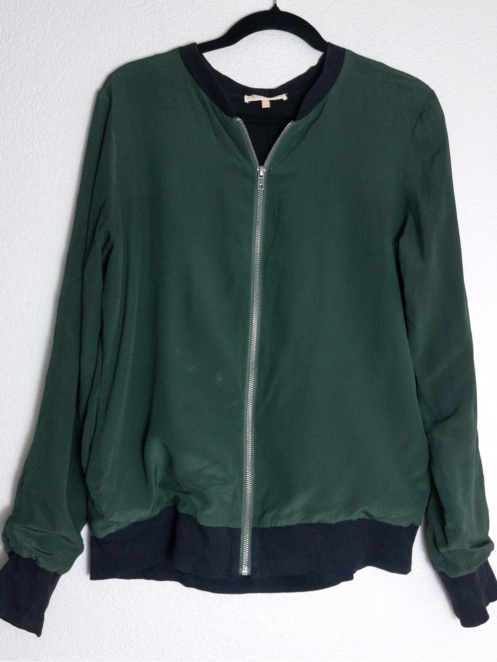 Gold Hawk 100% Bomber Jacket S Emerald Green Black Trim Lightweight Y2K